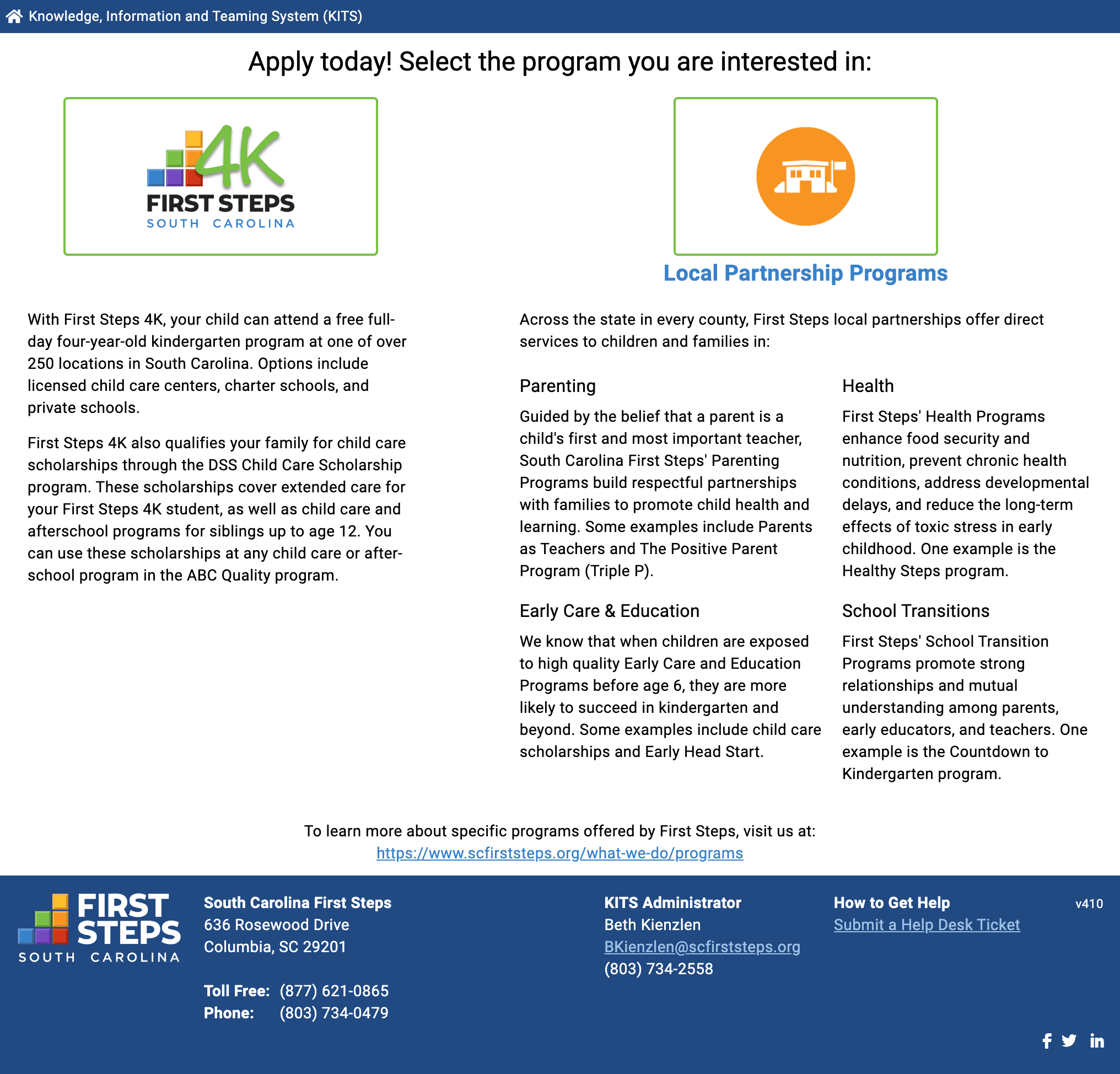 South Carolina First Steps, screen 3